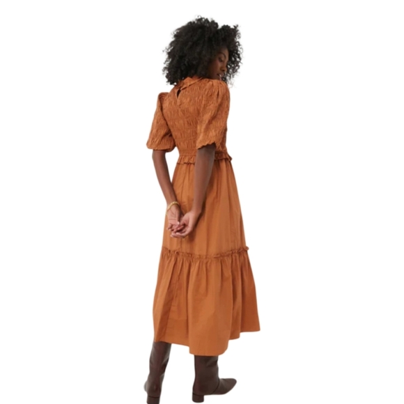 Anthropologie Moon River Caramel Smocked Midi Dress Puff Sleeve M - Picture 4 of 15